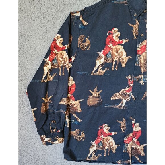 Bit & Bridle Large Button Down Rodeo Cowboy Bull Riding Santa Western Christmas - Picture 5 of 13